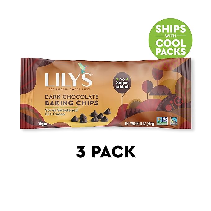 Dark Chocolate Chips by Lily's | Stevia Sweetened No Added Sugar Low-Carb Keto Friendly | 55% Cocoa | Fair Trade Gluten-Free &amp Non-GMO | 9 ounce 3-Pack Brown 4001A3