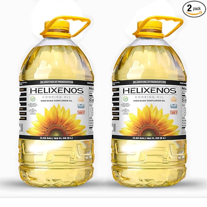 HELIXENOS High Oleic Sunflower Oil – Refined Deodorized &amp Winterized Non-GMO Gluten-Free Heart-Healthy Cooking Oil for Frying Baking Salad Dressing &amp Skincare (169 Fl Oz x2)