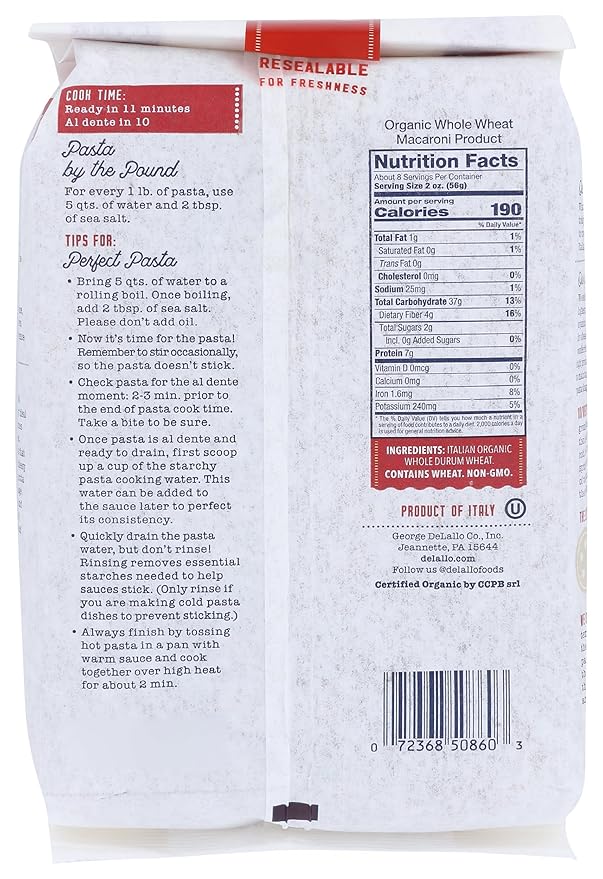 Delallo Organic Whole Wheat Shells Pasta No. 91 Kosher Non GMO 16 Ounces (Pack Of 8)