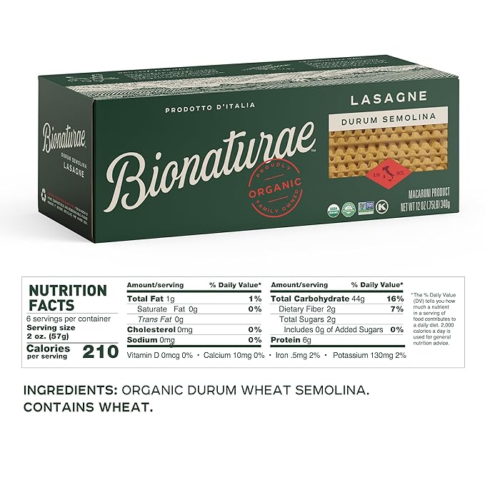Bionaturae Lasagna Pasta Noodles - Durum Semolina Pasta Kosher Certified High Protein Non-GMO USDA Certified Durum Semolina Lasagna Lasagna Pasta Organic Crafted in Italy - 12 Oz 12 Pack
