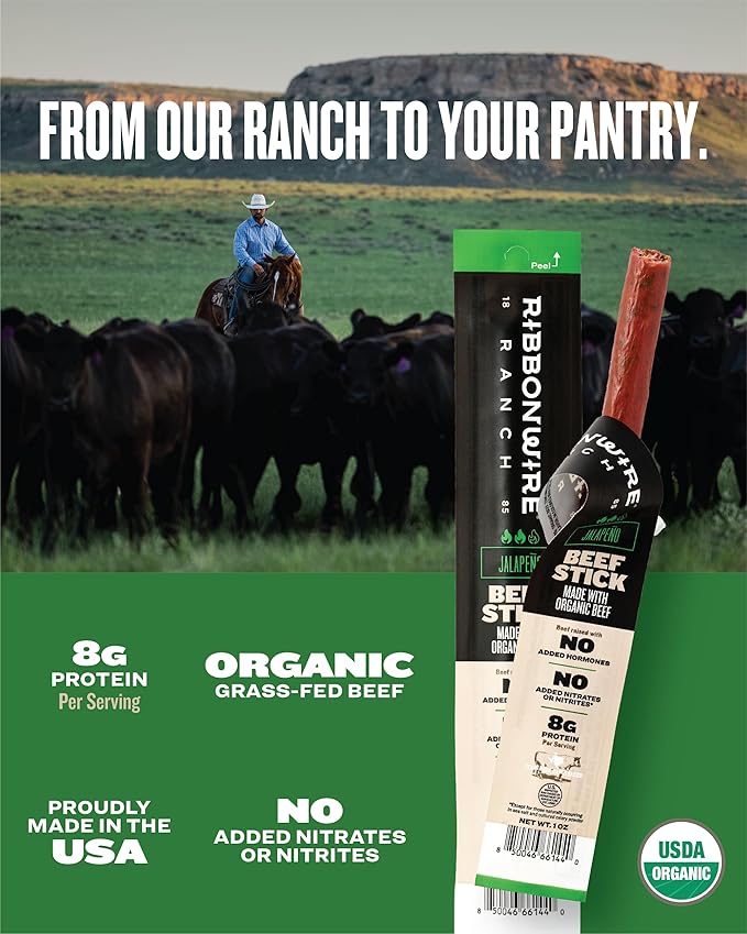 Ribbonwire Ranch Beef Sticks Made with Organic Beef Pasture Raised High Protein Snack Healthy Low Carb Keto Friendly Gluten Free Nitrate Free On the Go 1 Oz Sticks Jalapeno 20 Pack