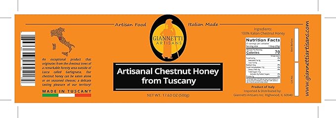 Giannetti Artisans Raw Chestnut Honey from Tuscany Italy - Artisan Produced (17.63 oz - 500g)