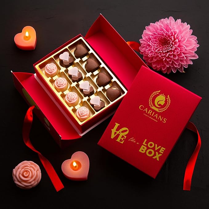 CARIANS Valentine's Day Belgian Chocolate Gift Box of Love Luxury Milk Chocolates with Strawberry and Hazelnut Cream Elegant Valentine’s Day Gift for Her and Great Present for Lovers 12 pc