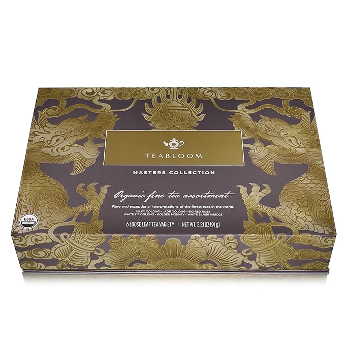 Teabloom Masters Collection - Six Rare Single-Origin Organic Loose Leaf Teas - Milky Oolong White Silver Needle Big Red Robe Golden Monkey Jade and White Tip Oolong