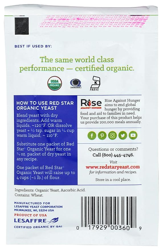 Red Star Organic Instant Yeast Kosher USDA Certified Organic 0.32 Ounce (Pack of 20)