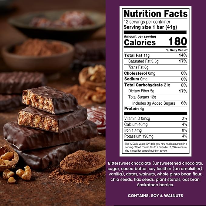 Step One Foods Dark Chocolate Walnut Bars Omega 3's and Dietary Fiber Gluten Free Non-GMO Vegan Clinically Proven to help Lower Cholesterol (24 Pack)