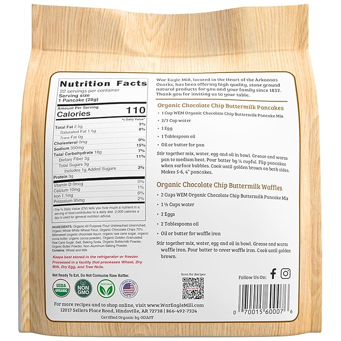 War Eagle Mill Organic Chocolate Chip Pancake &amp Waffle Mix 22 oz Bag (2 Pack)