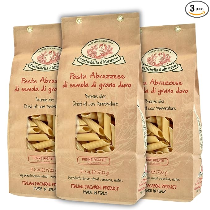Rustichella d'Abruzzo Penne Rigate Pasta (Pack of 3) - 500g Classic Durum Wheat Short Pasta with Ridges - Ideal for Sauces- Cooks in 10-12 Minutes - Authentic Italian Pasta