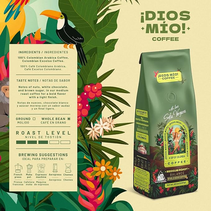 Dios Mio Coffee by Sofia Vergara Medium Roast Whole Bean Premium Colombian Coffee 42 Ounce Bag