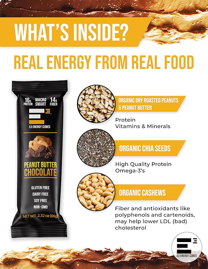 E3 Energy Cubes- Peanut Butter Chocolate Refrigerated Protein Bars | Gluten-Free Dairy-Free Soy-Free Egg White Protein Non-GMO PreBiotic Fiber | Healthy Snack Bars | Made in USA Pack of 12