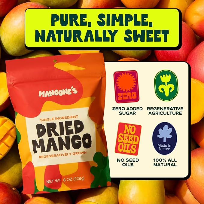 Mangone’s Organic Dried Mango 5 Packs (8 oz each) | Mango Dried Fruit Unsweetened | Single-Ingredient Dehydrated Fruit Slices | 100% Natural Dried Fruit Snacks | Soft Chewy Tropical Snack
