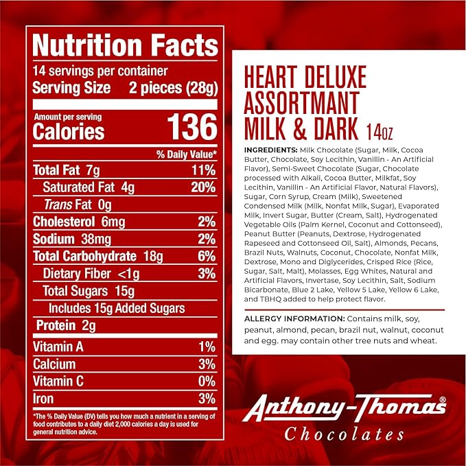 Anthony Thomas Heart Shaped Box Mother's Day Chocolates Milk and Dark Chocolate Soft Centers Nuts Toffee and Caramels Gift Box 32 Pieces (14 oz Milk and Dark)