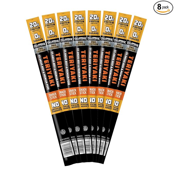 Tillamook Country Smoker PRO Edition Meat Sticks Zero Sugar Teriyaki 2 Oz (8 Sticks) Real Hardwood Smoked Sausages Angus Beef and Pork High Protein Individually Wrapped Keto Snack for Athletes
