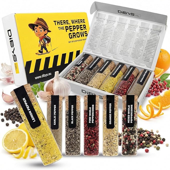DIBYS Gourmet Pepper Seasoning Set - 6 Authentic Pepper Blends with Recipes - Mixed &amp Pink Whole Peppercorns Garlic Lemon Orange and Black Pepper - Seasonings &amp Spices - Gift for Foodies &a