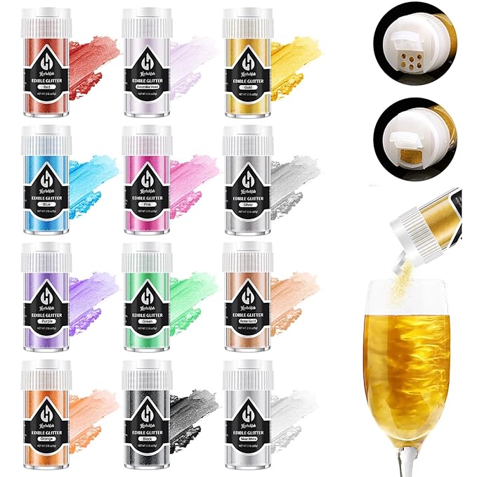 Edible Glitter – 12 Colors Luster Dust Drink Glitter Food Grade Cocktail Shimmer Powder for Beverages Cakes Chocolate &amp Candy 5g/Bottle Christmas Holiday Festive Baking Decoration
