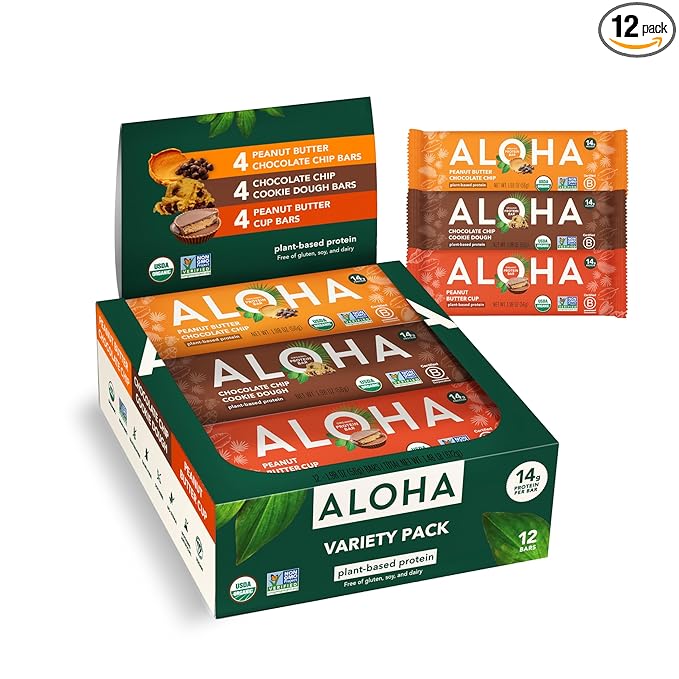 ALOHA Organic Plant Based Protein Bars - 3 Flavor Variety Pack - 12 Count 1.98oz Bars - Vegan Snacks Low Sugar Gluten-Free Low Carb Paleo Non-GMO Stevia-Free No Sugar Alcohol Sweeteners