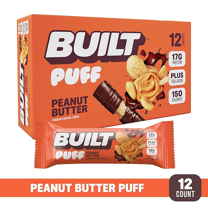 Built Bar Puff Protein Bars Peanut Butter Puff 17g Protein Snacks On-The-Go Bars Only 150 Calories 6g Sugar Collagen Gluten Free 12 Count