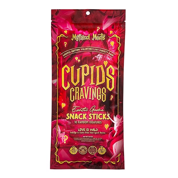 Mythical Meats Cupid's Cravings Random Flavor Sampler Pack – 10 Random Exotic Game and Beef Snack Sticks – Dried &amp Dehydrated Meats Seasoned to Perfection – High Protein Keto Friendly Snacks