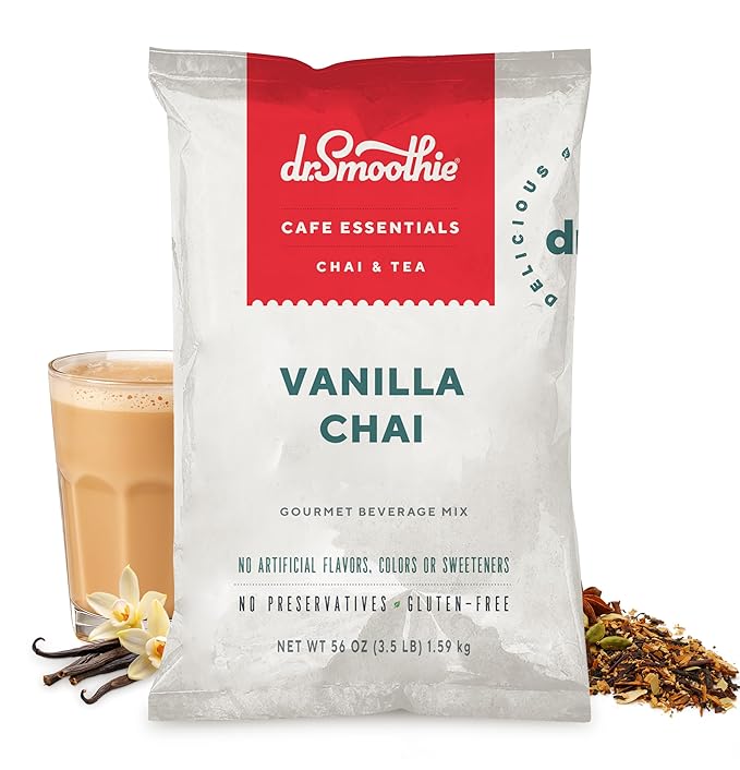 Dr. Smoothie Café Essentials Vanilla Chai – No Artificial Colors Flavors or Sweeteners – Shelf Stable – 58mg of Caffeine per Serving – Great for Hot Iced &amp Frozen Frappes (3.5 lb Bag 26 Servi