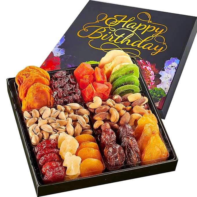 Happy Birthday Dried Fruit &amp Nuts Gift Basket Arrangement Platter Gourmet Food Snack Box Birthday Care Package Healthy Kosher Her Him (12 Assortment)