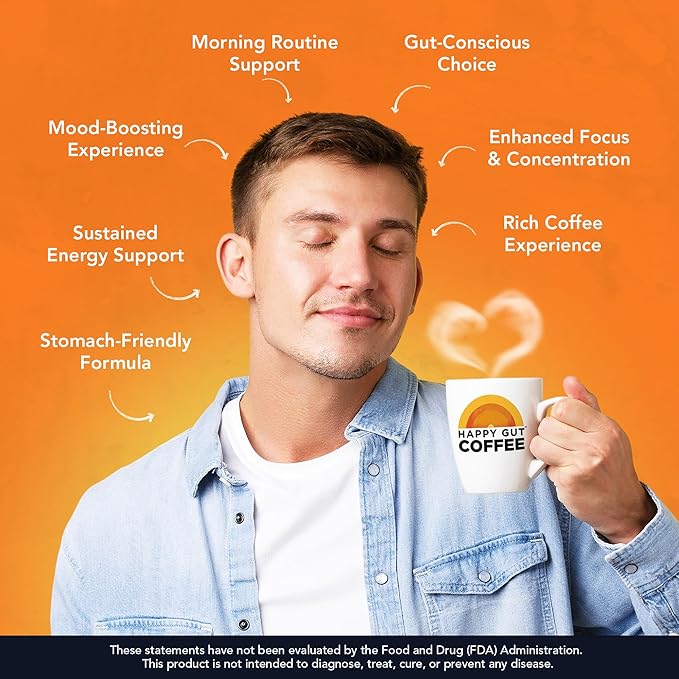 Happy Gut Coffee - Doctor-Formulated Organic Medium-to-Dark Roast Coffee with Gut-Friendly Benefits - Gentle on Stomach - Rich Flavor Gluten-Free No Bitterness - 12oz - SMOOTH - Ground