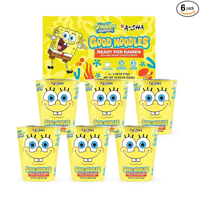 A-Sha &amp SpongeBob Squarepants Good Noodles (6 Pack) | Ready for Ramen (Mildly Spicy Flavor) | Rich and Creamy Tonkotsu Broth | Better For Your Microwaveable Ramen Soup Mix