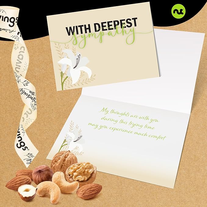 NUT CRAVINGS - Sympathy Condolence Mixed Nuts Gift Basket with Sympathy Ribbon + Greeting Card (7 Assortments) Food Platter Healthy Snack Care Package Food Assortments