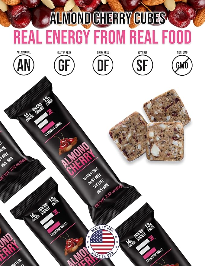 E3 Energy Cubes- Almond Cherry Refrigerated Protein Bars - (66g) 14g Protein | 13g Fiber | Gluten Free Dairy Free Soy Free Non-GMO No Artificial Ingredients Macro Smart Prebiotic Fiber Rich | Ma