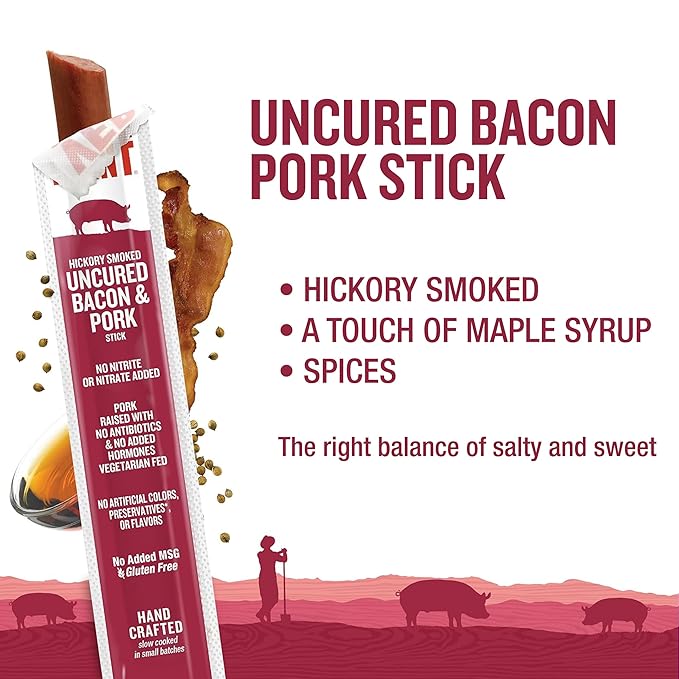 Vermont Smoke &amp Cure - Hickory Smoked Uncured Bacon Pork Sticks - Meat Protein Snack - Portable Healthier Meat Snack for Adults &amp Kids - 1oz Protein Snack - 24 Count