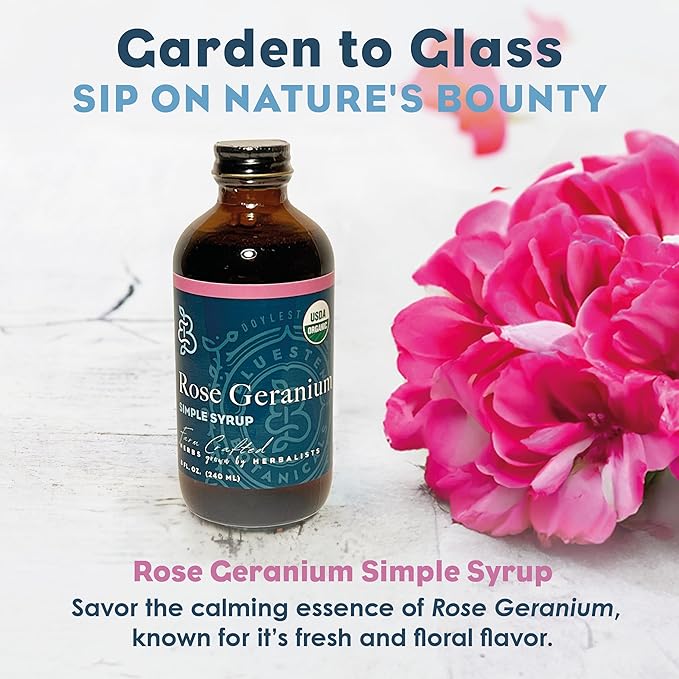 Bluestem Botanicals Organic Rose Geranium Simple Syrup 8 oz Cocktail and Mocktail Mixer for Drinks Non-Alcoholic
