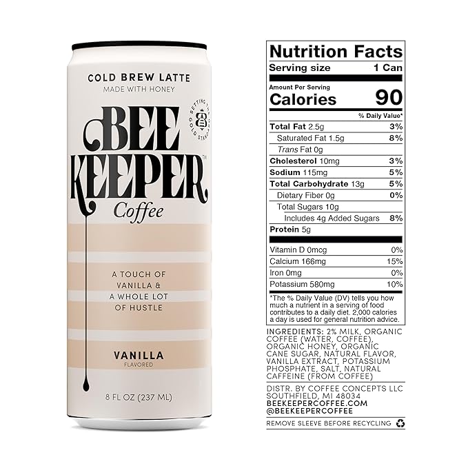Beekeeper Vanilla Latte Cold Brew Coffee Drinks with Oregon Honey | 12 Pack Refreshing Iced Coffee - Unsweetened &amp Strong Arabica Brew 8 fl oz Ready-to-Drink Can - 180mg Natural Caffeine