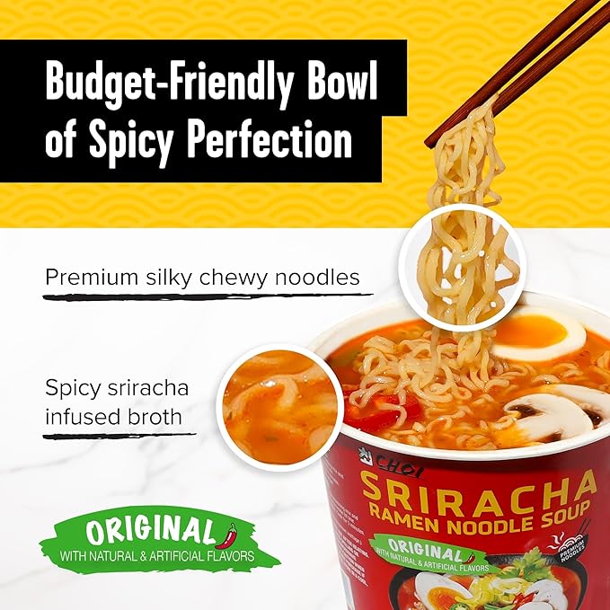 CHOI Sriracha Ramen Noodle Soup Original - Microwavable Bowl 3.8 oz. (110g) 6-Pack