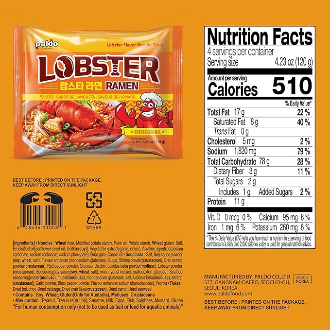 Paldo Fun &amp Yum Lobster Flavored Noodle Soup Original Seafood Broth Oriental Style Korean Ramyun K-Food 120g 4.23oz (4.23 Ounce (Pack of 8) Lobster)