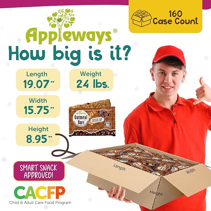 Individually Wrapped Chocolate Oatmeal Bars 2.4 Oz Each Oatmeal Chocolate Chip Bars Made in USA 160 Count (24 lbs Total) by Appleways