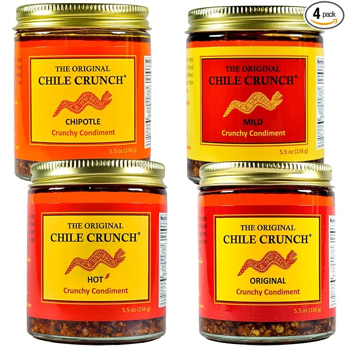 CHILE CRUNCH - Crunchy Condiment - All Natural Roasted Chili Peppers Garlic &amp Onion Crisp Sauce - Vegan Gluten-Free No Preservatives - Homemade Authentic Mexican Recipe Variety Pack of 4