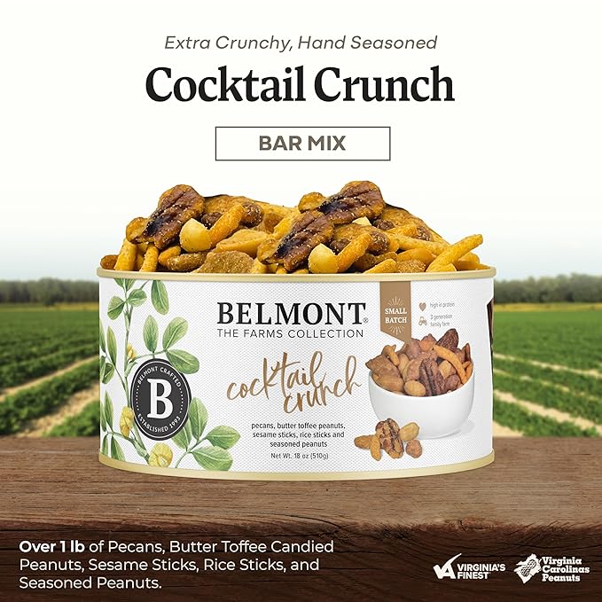 Belmont Peanuts Cocktail Crunch Mix 18 oz (1 Pack) – Pecans Butter Toffee Virginia Peanuts Sesame Sticks Rice Sticks Seasoned Peanuts – Simple Ingredients No Preservatives Hand Seasoned