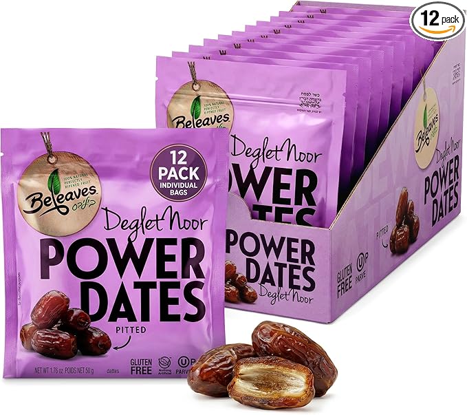 Beleaves Deglet Noor Pitted Power Dates 1.76 oz (12 Pack) | Single Serve Snack Pouches | Low Sodium High Fiber | Natural Energy Fruit Snack | No Added Sugar Gluten Free Vegan | Kosher