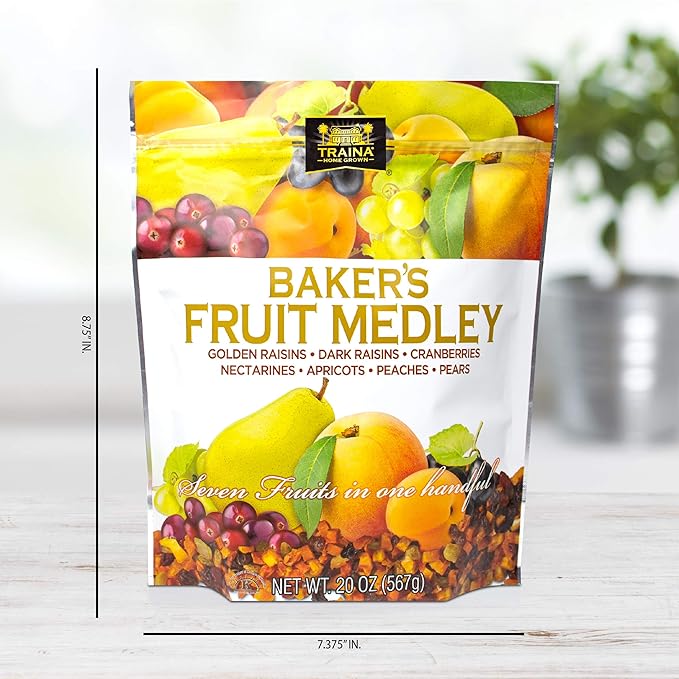 Traina Home Grown Baker’s Fruit Medley - Diced Peaches Cranberries Apricots Pears Nectarines and Raisins - Non GMO Gluten Free Value Size (20 oz)