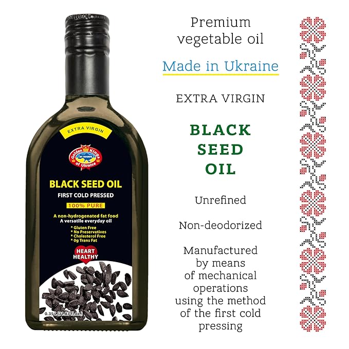 Black Seed Oil Cold Pressed Glass Bottle 11.83 OZ from Ukraine - Black Cumin Seed Cooking Oil for Soups Salads Baking