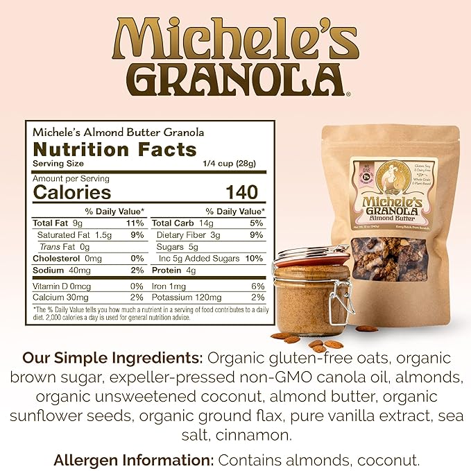Michele's Granola Almond Butter Handmade Whole Grain Vegan Gluten-Free &amp Non-GMO 12oz Resealable Bags Pack of 6