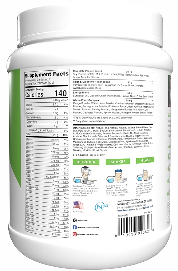 N53 Lean1 Meal Replacement Protein Powder Vanilla Flavor 15 Serving tub No Sugar Added