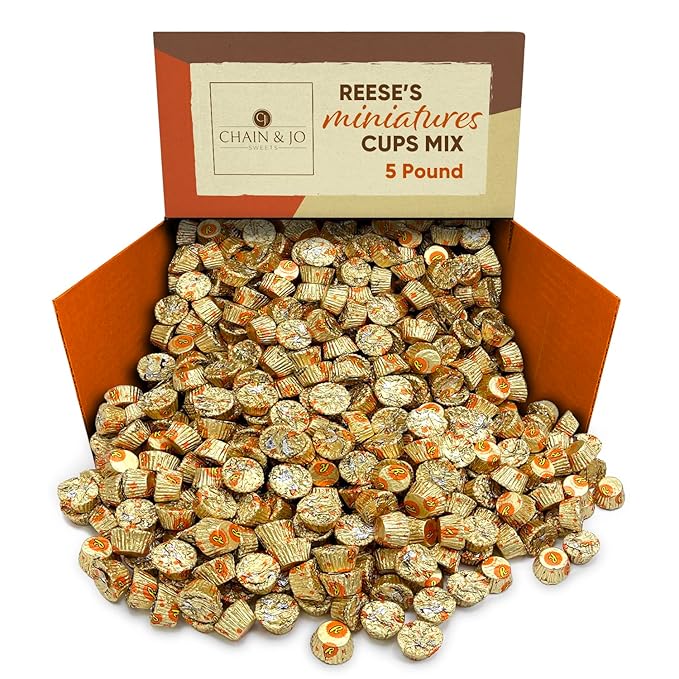CHAIN &amp JO SWEETS REESESMiniatures Milk Chocolate and Peanut Butter Cups Candy Gluten Free Individually Wrapped 5LB Bulk Party Pack (5 Pounds) 80.0 Ounce