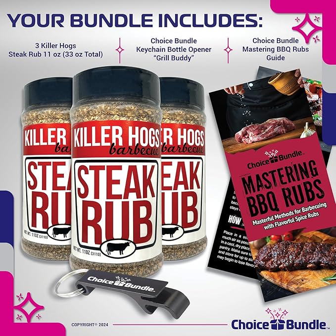 Killer Hogs Steak Rub Premium BBQ Barbecue Spice Seasoning 3 pk (33 oz) + Guide &amp Bottle Opener (5 Items)!