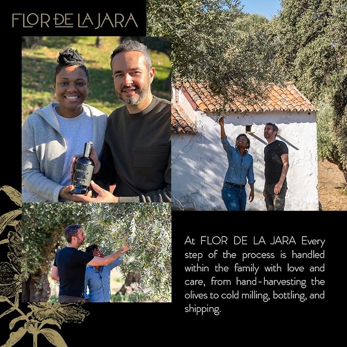 FLOR DE LA JARA Premium Extra Virgin Olive Oil from Spain First Cold Pressed Polyphenol-Rich Monovarietal Picual Hand-Harvested Olives Family-Owned Grove Low acidity (01%) 16.9 fl oz (500ml)