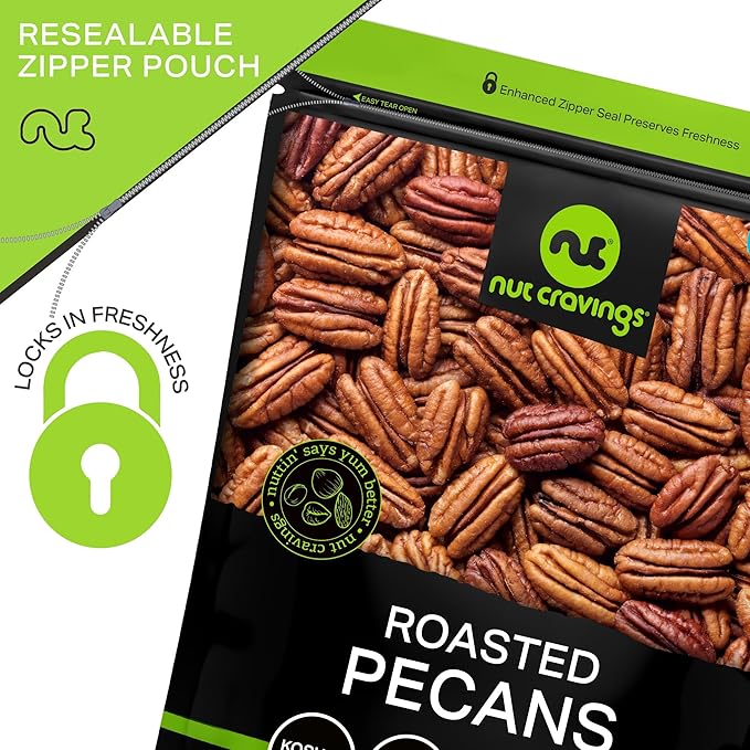 NUT CRAVINGS - Pecans Halves Roasted &amp Unsalted No Shell (32oz - 2 LB) Bulk Nuts Packed Fresh in Resealable Bag - Healthy Protein Food Snack Food Assortments