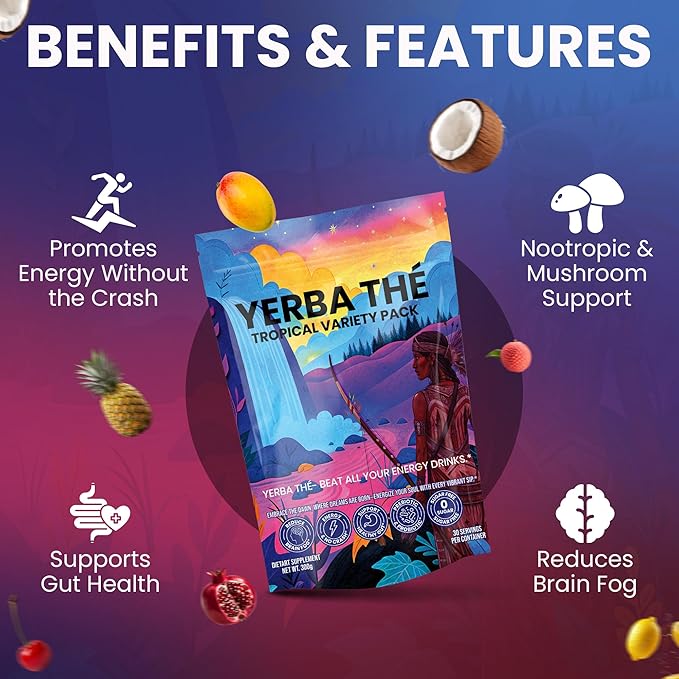 Yerba Mate Powder - Gut Health Support Drink - Probiotics &amp Prebiotics - Reduce Brain Fog Relaxation &amp Focus - Natural Yerba Mate Clean Energy - Mixed Fruit Flavors - Sugar-Free - 30 Sachets