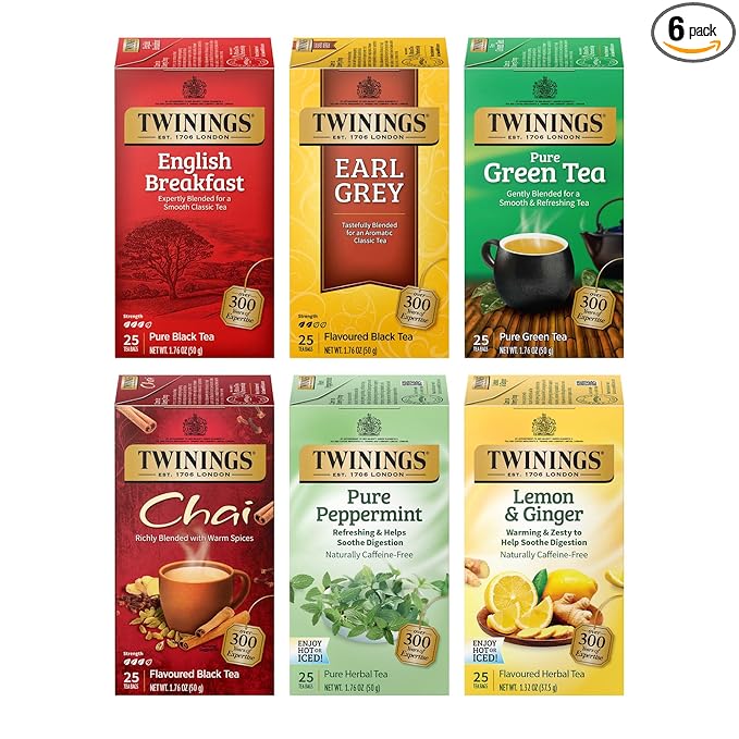 Twinings Variety Pack Tea Bags 25 Count (Pack of 6) Includes English Breakfast Earl Grey Lemon Ginger Peppermint Green and Chai Enjoy Hot or Iced 150 Teabags