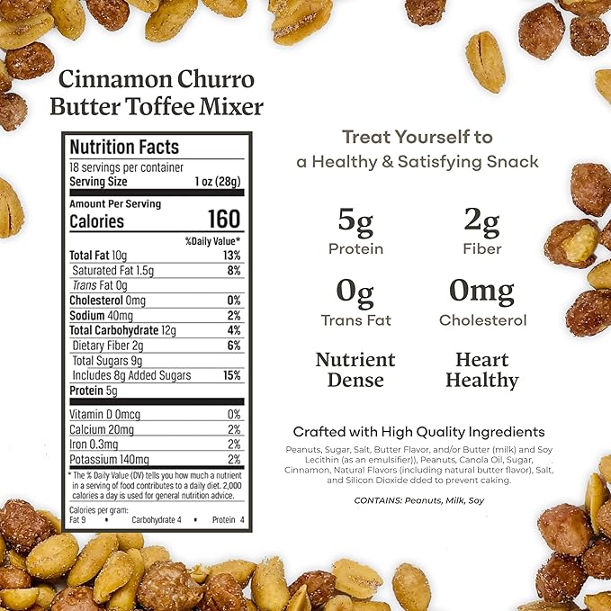 Belmont Peanuts Gourmet Cinnamon Churro Butter Toffee Mixer with Cinnamon-Coated Sea Salt and Butter Toffee Virginia Peanuts 18 oz (1 Pack) – Simple Ingredients No Preservatives Hand Seasoned