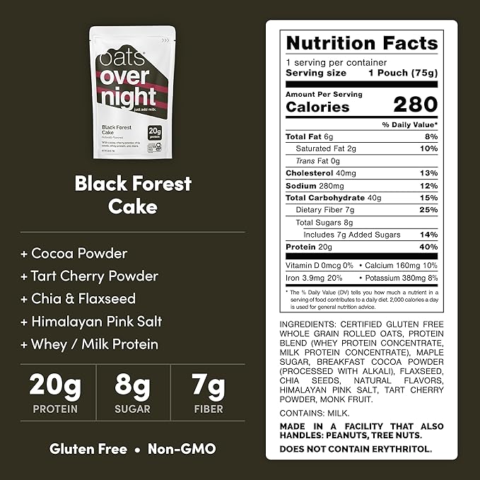 Oats Overnight Black Forrest Cake - Overnight Oats with 20g Whey Protein High Fiber Breakfast Protein Shake - Gluten Free Oatmeal Non GMO High Protein Oatmeal (2.6 oz per Meal) (16 Pack)