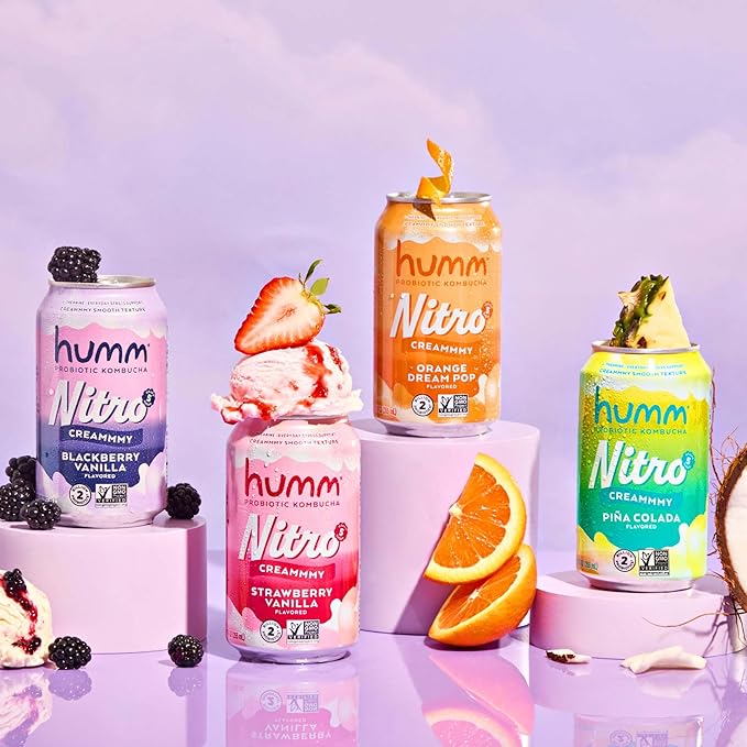 Humm Nitro Kombucha Piña Colada Creamy Smooth Probiotic Drink with L-Theanine Non-GMO Vegan Gluten Free 12 fl oz (Pack of 12)